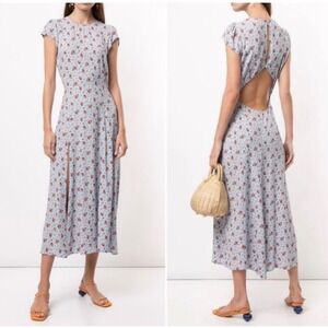 Reformation Gavin Dress Women 4 Blue Floral Open Back Slit Midi Hailey Bieber